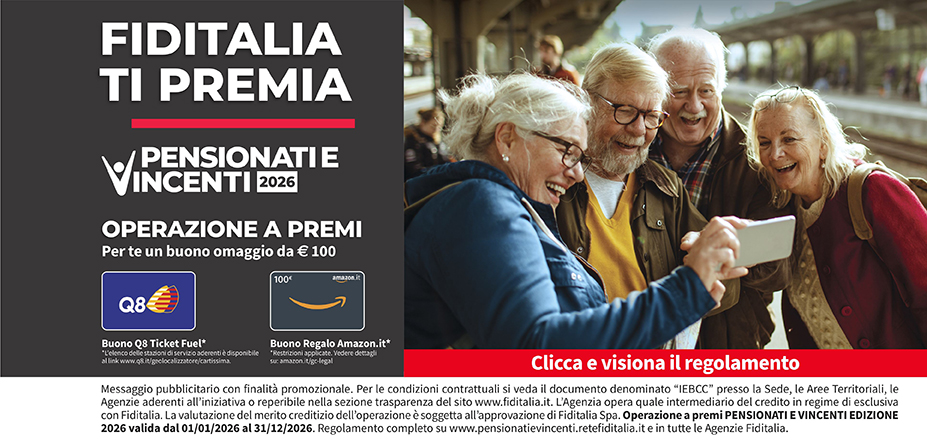 Agenzia Financial Consulting S.n.c. Fiditalia | Alcamo | Fiditalia ti premia - Vicni un omaggio da €100. Operazione a premi. Clicca e visiona il regolamento. Operazione a premi PENSIONATI E VINCENTI 2025 valida dal 01/01/2025 al 31/12/2025. Regolamento completo www.pensionatievincenti.retefiditalia.it
