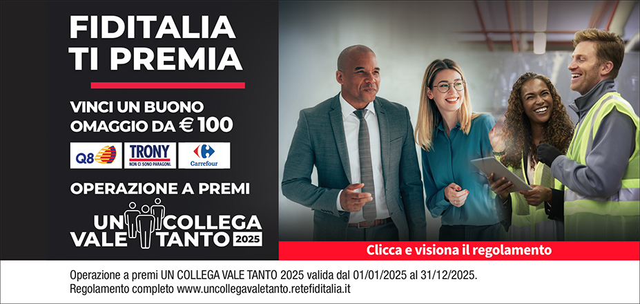Agenzia Financial Consulting S.n.c. Fiditalia | Alcamo | Fiditalia ti premia - Vinci un buono omaggio da €100. Operazione a premi. Clicca e visiona il regolamento. Operazione a premi UN COLLEGA VALE TANTO 2025 valida dal 01/01/2025 al 31/12/2025. Regolamento completo www.uncollegavaletanto.retefiditalia.it